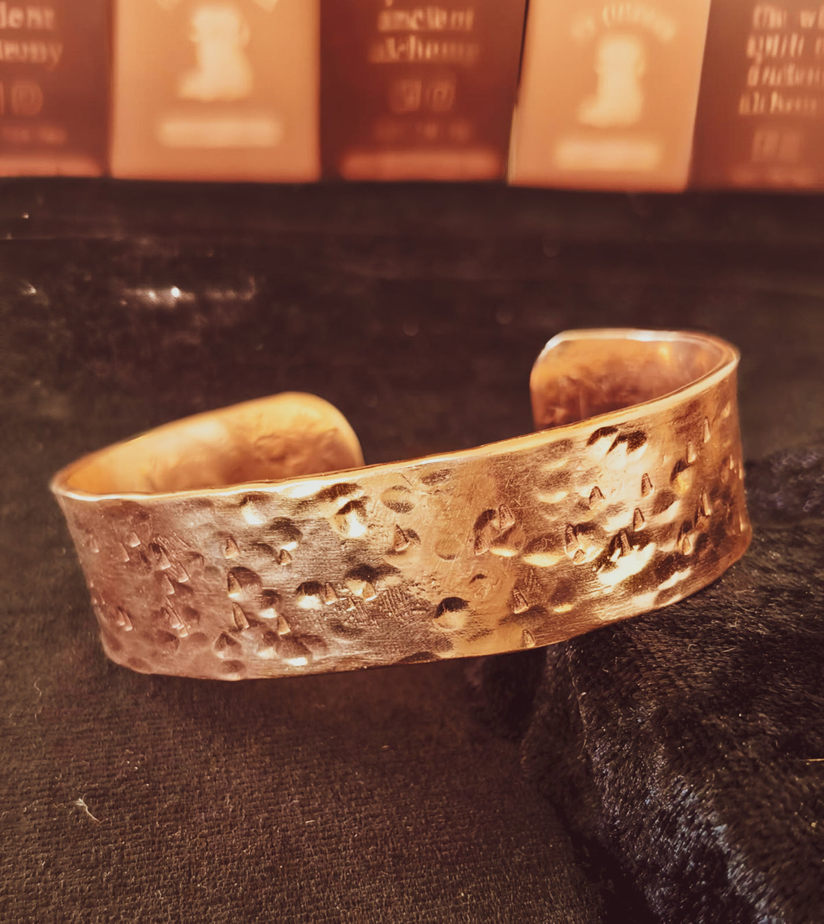 Hand forged copper cuff with textured hammered finish.